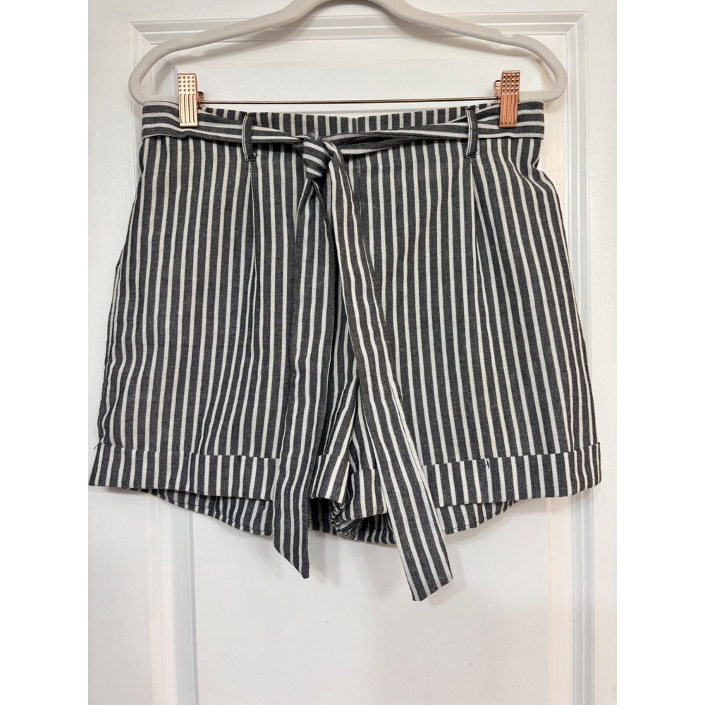 Hyfve Womens Striped Paperbag Waist Shorts Black White Tie Belt Cuffed Large
